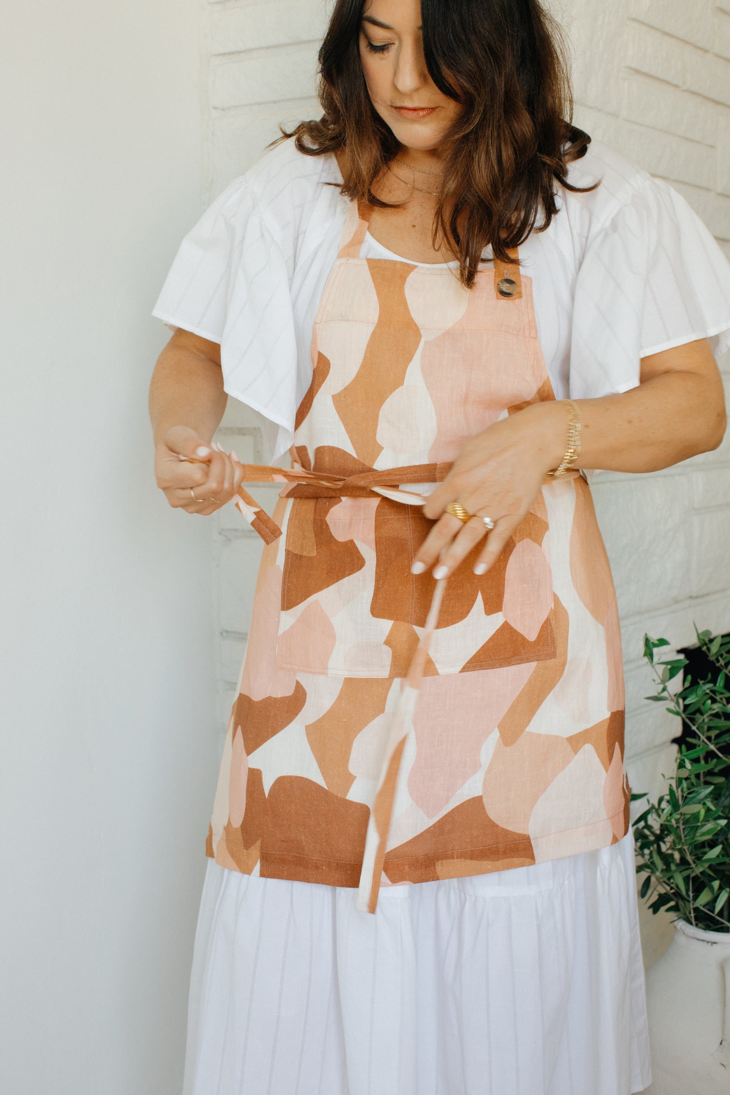 Linen Apron in Clay Abstract Print