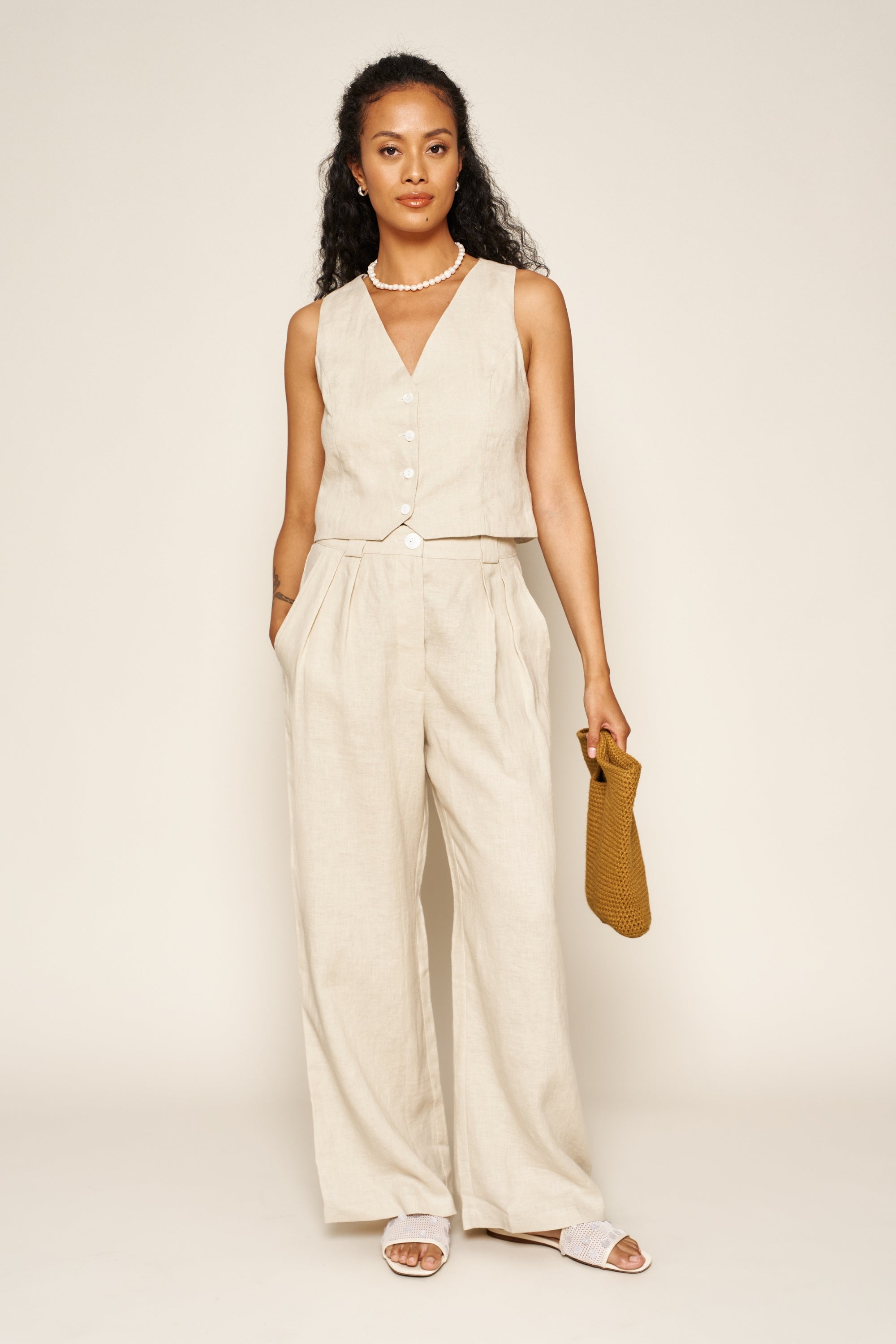 Leanna Pant in Oatmeal Linen - Whimsy & Row