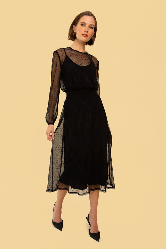 Greta Dress in Black Sheer Polka Dot - Whimsy & Row