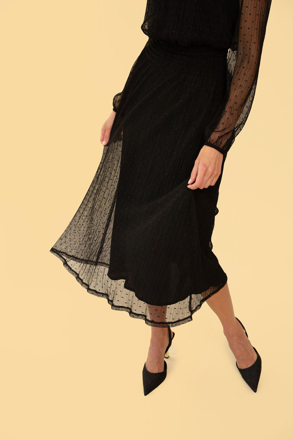 Greta Dress in Black Sheer Polka Dot - Whimsy & Row