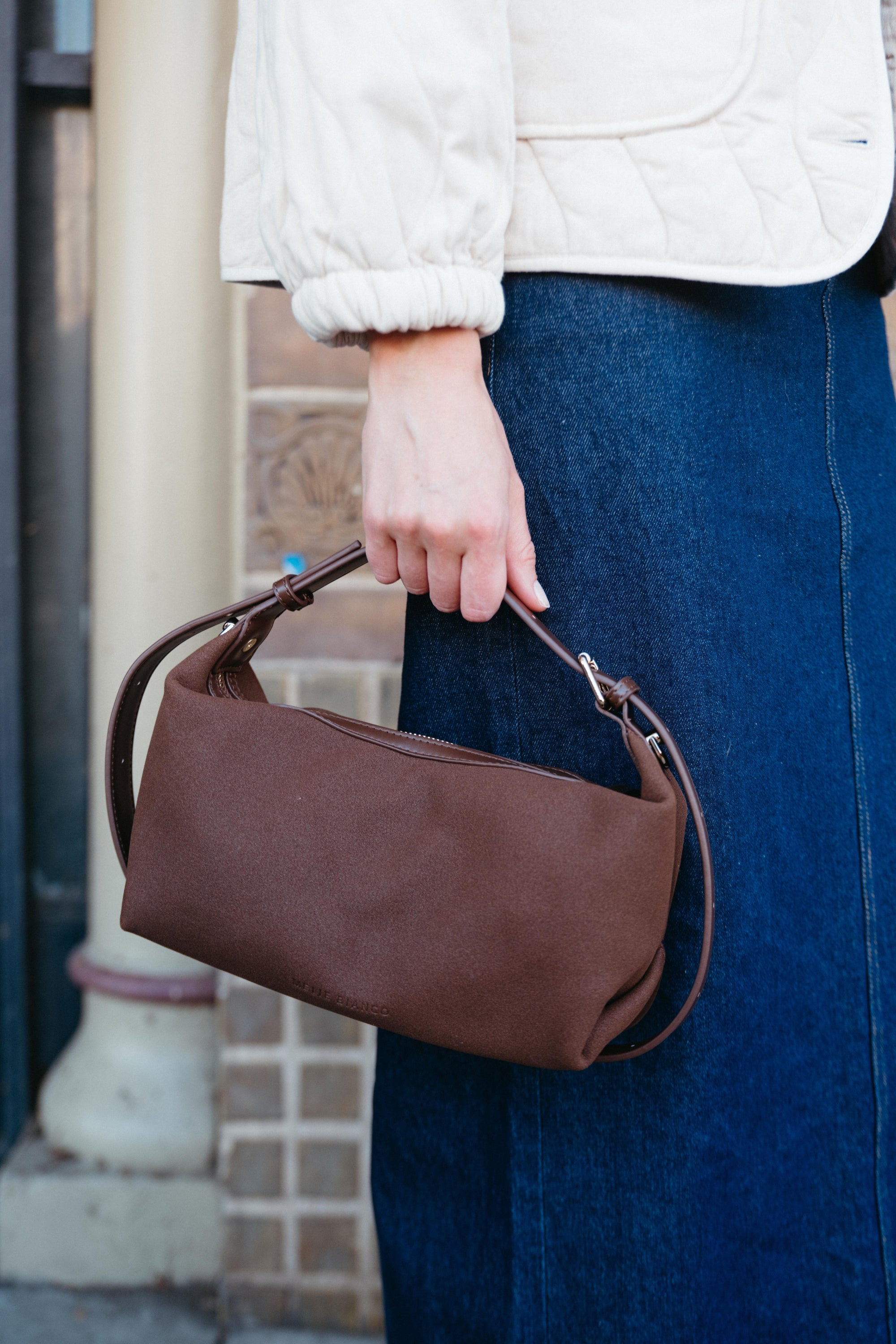 Melie Bianco Lilith Brown Vegan Suede Top Handle Bag - Whimsy & Row