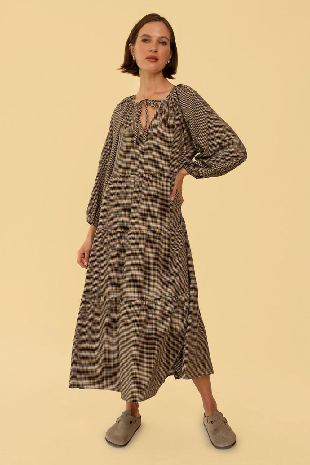 Mandy Dress in Tan Gingham - Whimsy & Row
